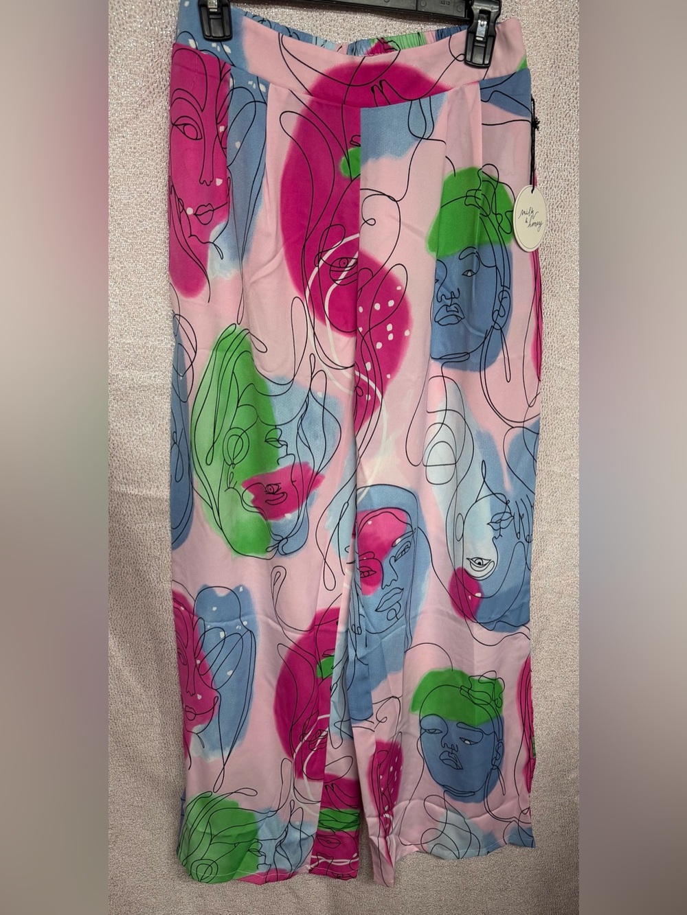 Boutique Brand Artistic Abstract Face Print Wide Leg Pants - Pink Multicolor